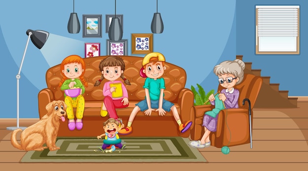 Free Vector grandmother with grandchildren in the living room scene