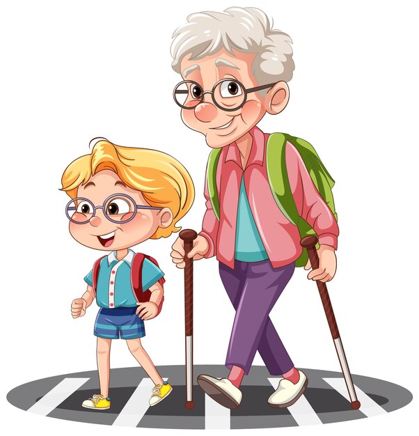 Grandparent crossing the road with student