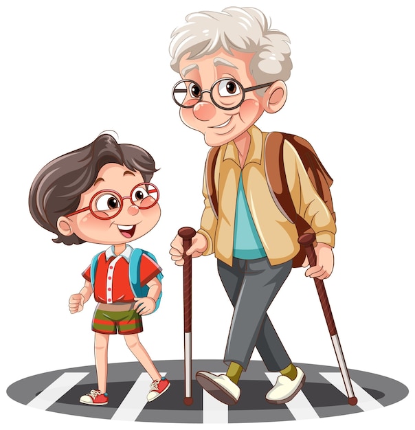 Grandparent crossing the road with student