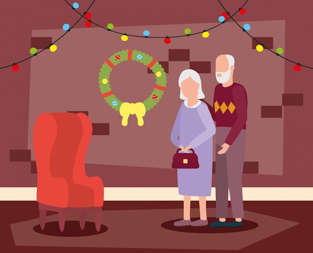 Grandparents couple in living room with christmas decoration