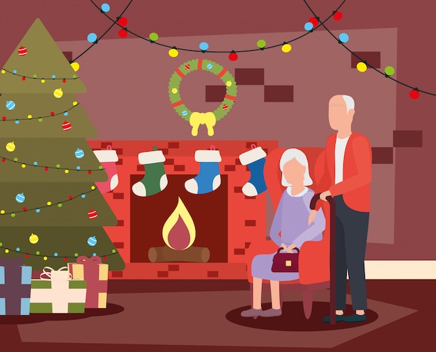 Grandparents couple in living room with christmas decoration