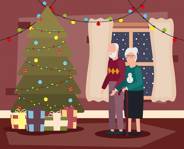 Grandparents couple in living room with christmas decoration