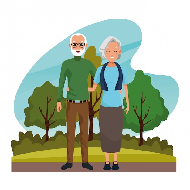 Free vector grandparents couple smiling in nature cartoon