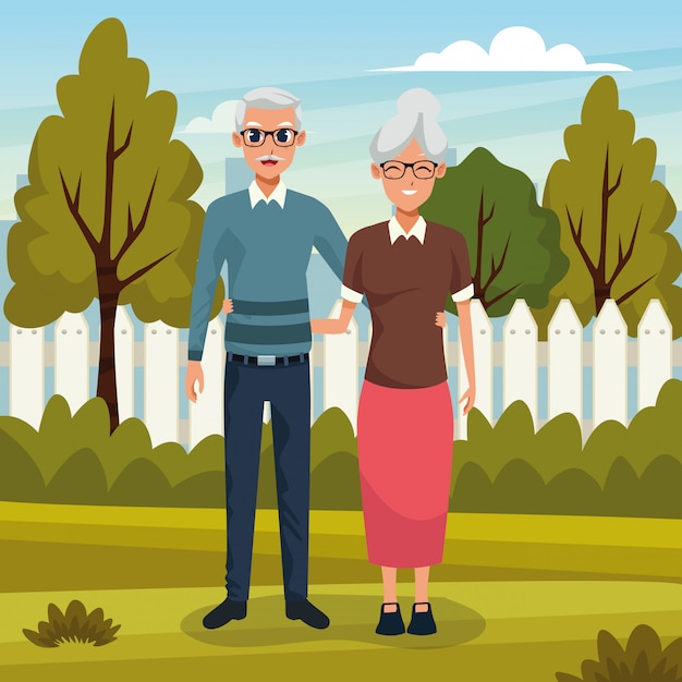 Grandparents couple smiling in nature cartoon