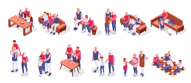 Free Vector grandparents with children color set of friendly family members spending time together isometric compositions vector illustration