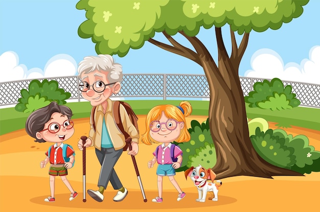 Free Vector granny with children enjoy walking at park