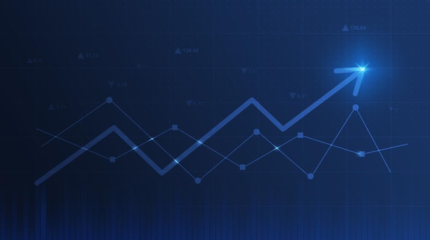 Graph chart with moving up arrow stock market financial investment diagram on blue background