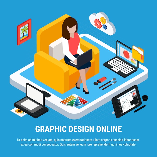 Graphic design isometric concept with woman working on computer