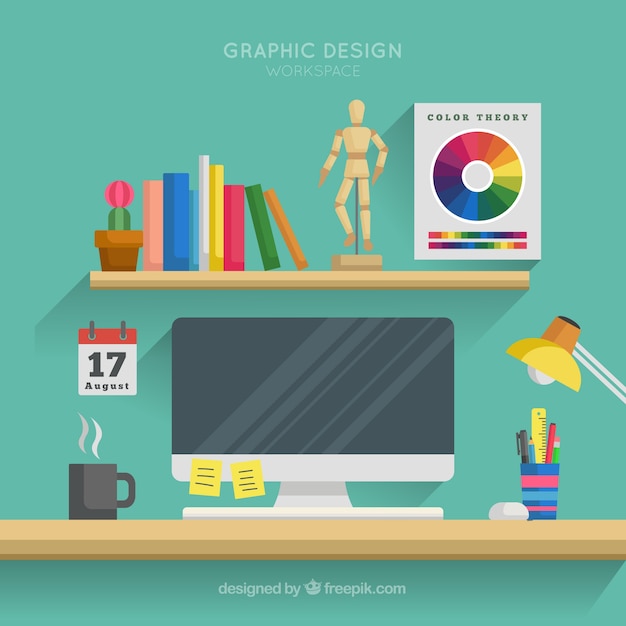 Graphic design workspace background in flat style