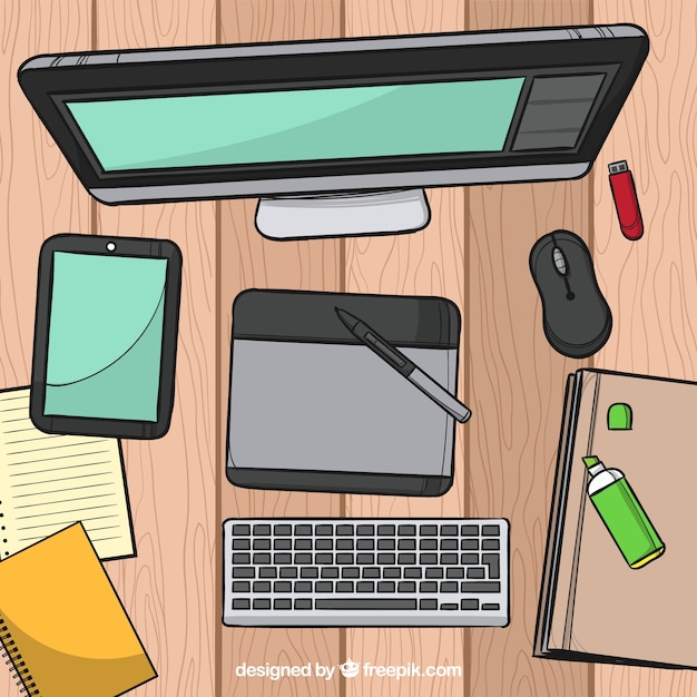 Free Vector graphic design workspace background in hand drawn style