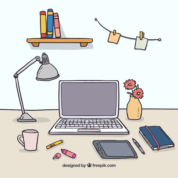 Free Vector graphic design workspace background in hand drawn style