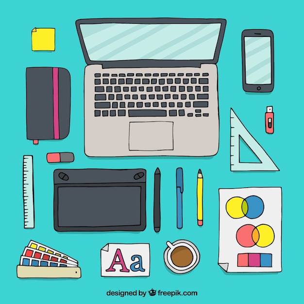 Graphic design workspace background in hand drawn style