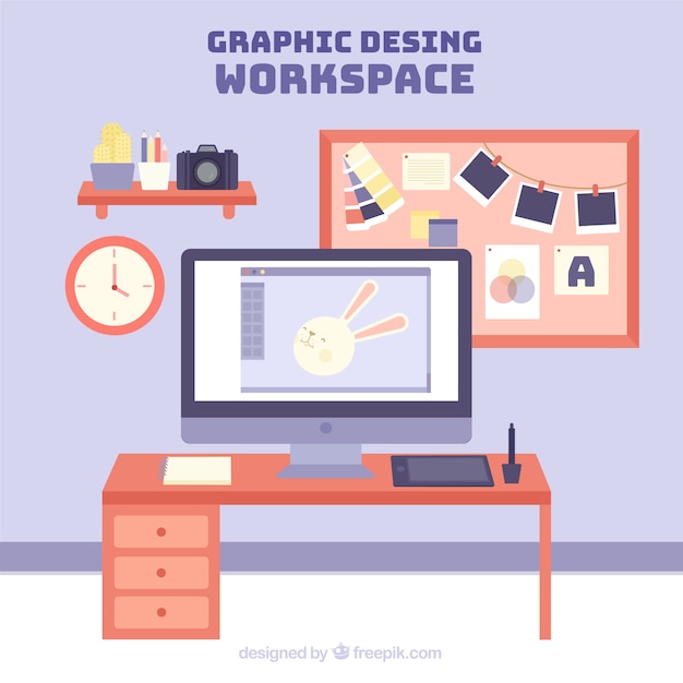 Graphic design workspace background in hand drawn style