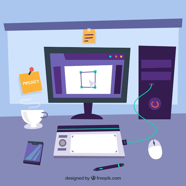 Free Vector graphic design workspace background in hand drawn style