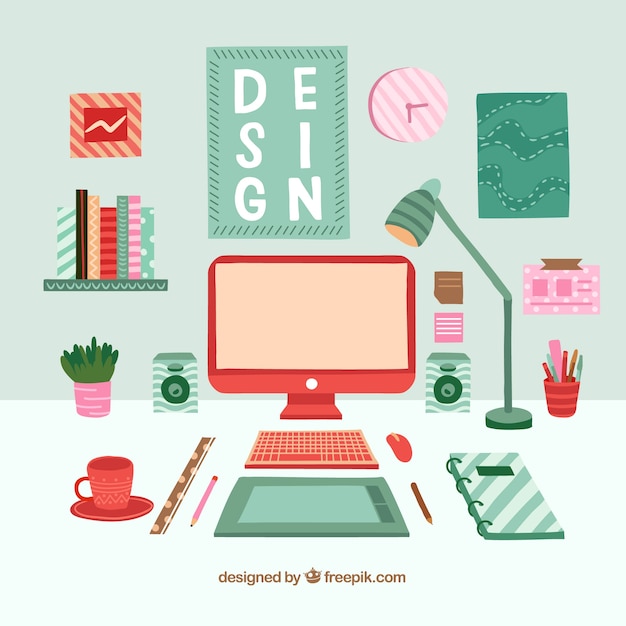 Graphic design workspace background in hand drawn style