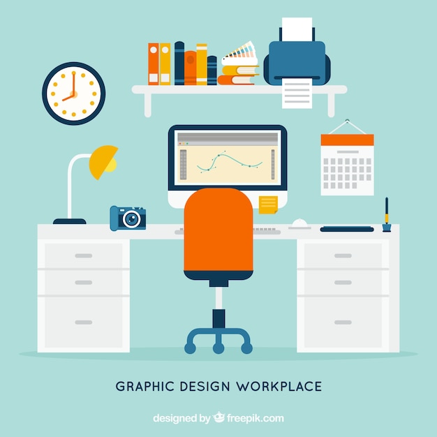 Free Vector graphic design workspace background with desk and tools