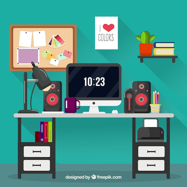 Graphic design workspace background with desk and tools