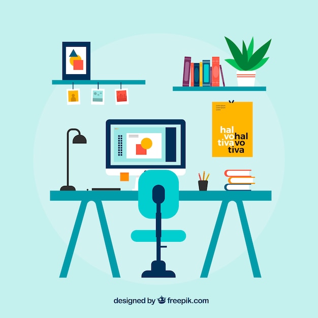 Graphic design workspace background with desk and tools