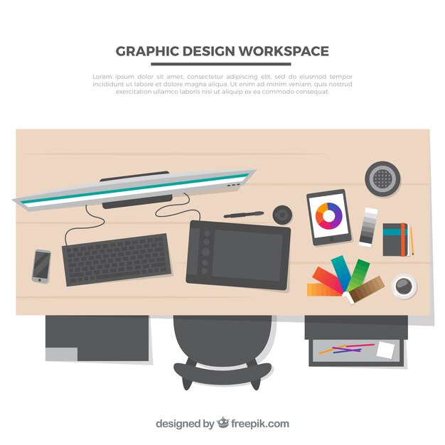 Graphic design workspace background with desk and tools