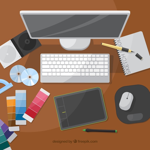 Graphic design workspace background with desk and tools