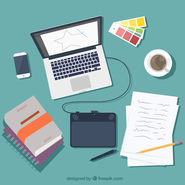 Graphic design workspace background with desk and tools