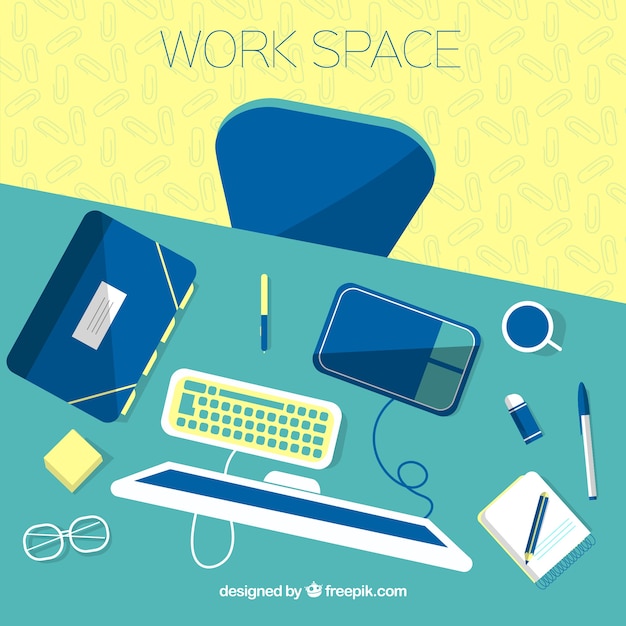 Free vector graphic design workspace background with desk and tools