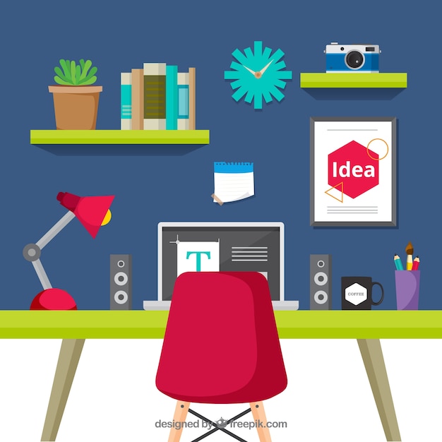 Free Vector graphic design workspace background with desk and tools