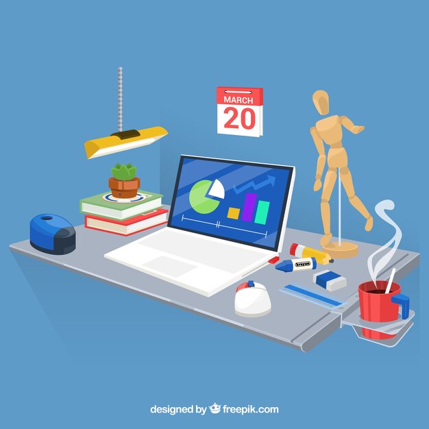 Graphic design workspace background with desk and tools