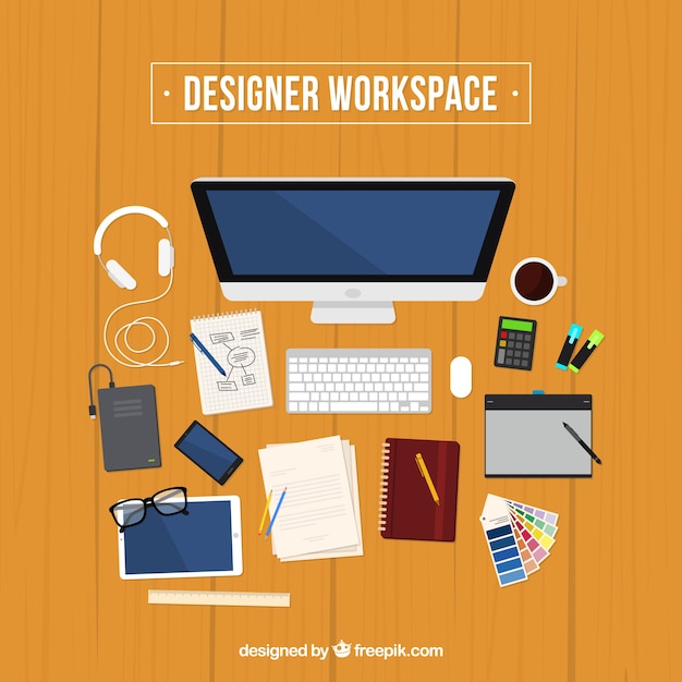 Free Vector graphic design workspace background with desk and tools