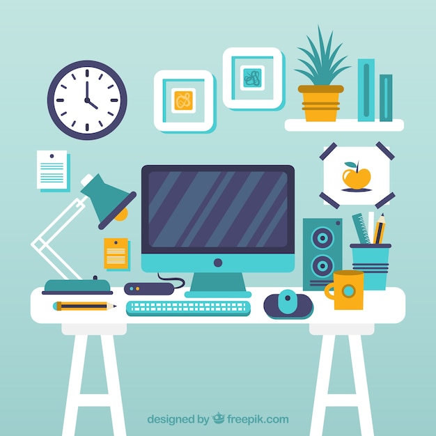 Free Vector graphic design workspace background with desk and tools