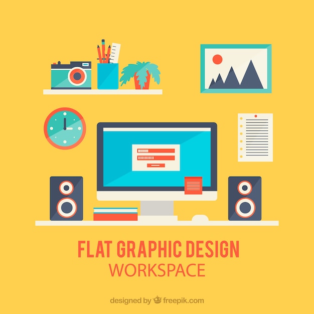 Graphic design workspace in flat style