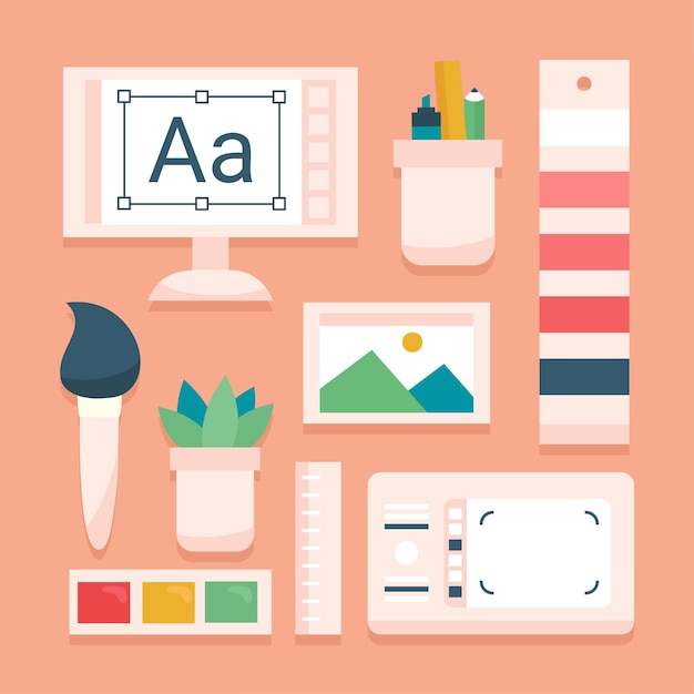 Free Vector graphic designer items and tools office various objects and equipment vector illustration