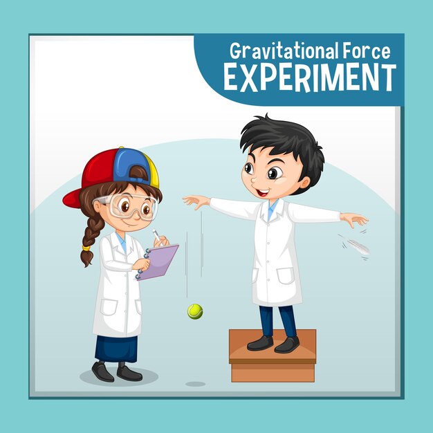 Gravitational force experiment with scientist kids cartoon character