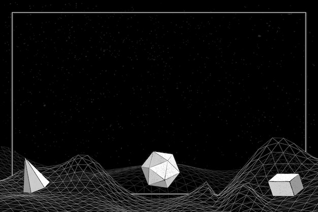 Gray geometric shapes on a wireframe wave background