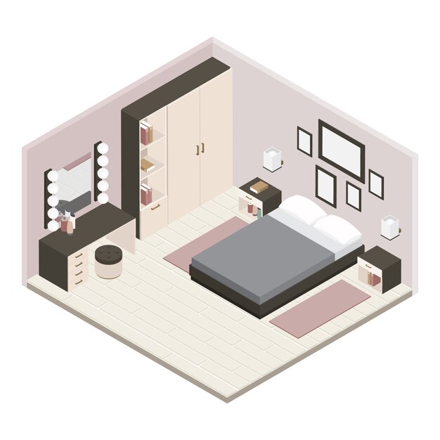 Gray Isometric Bedroom Interior