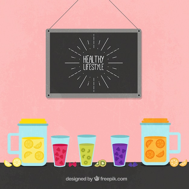 Free Vector great background with fruit juices and blackboard