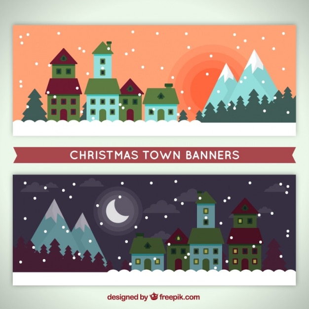 Free Vector great banners with town and mountains in flat style