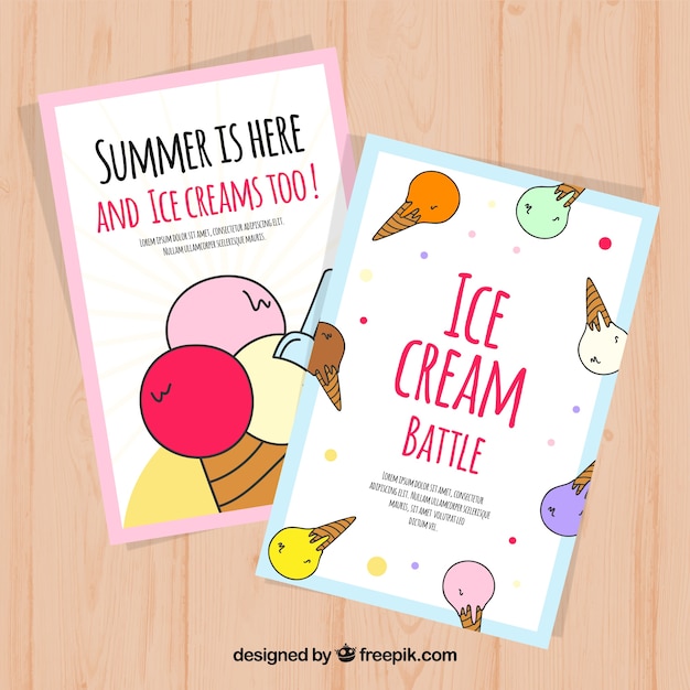 Free Vector great cards with colored ice creams in flat design