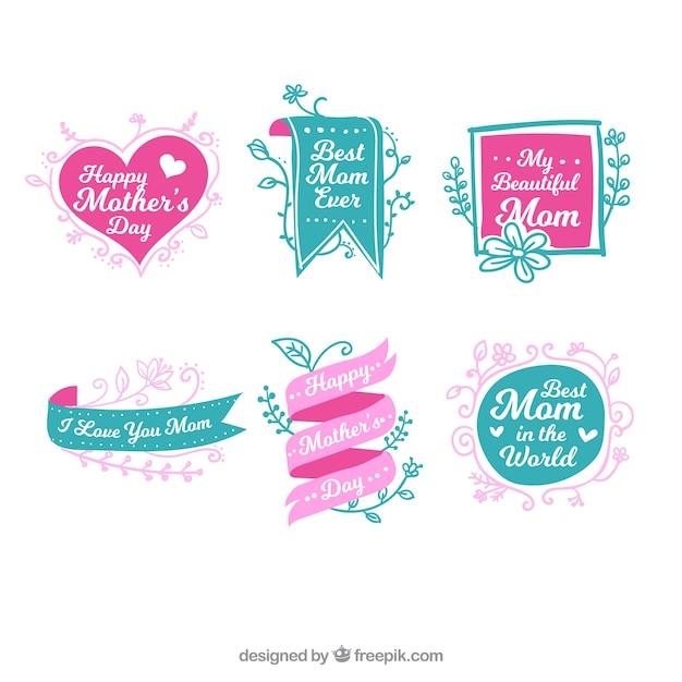 Free Vector great collection of green and pink labels for mother's day