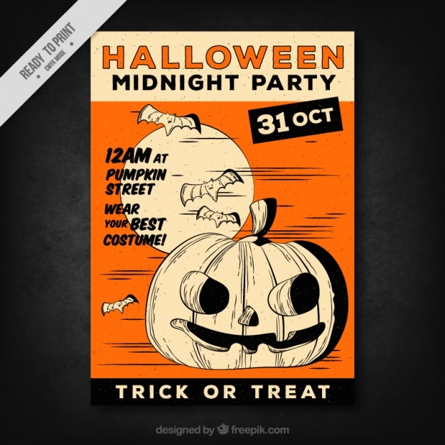 Free Vector great halloween flyer with a pumpkin and bats