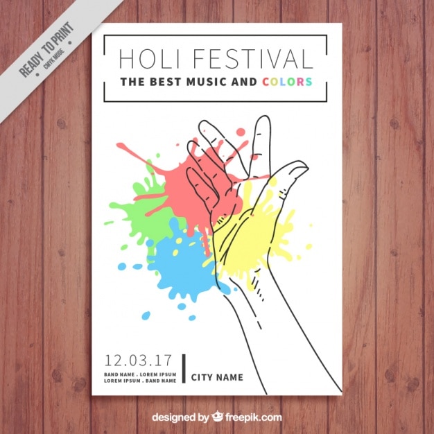 Free Vector great holi festival brochure with hand and stains