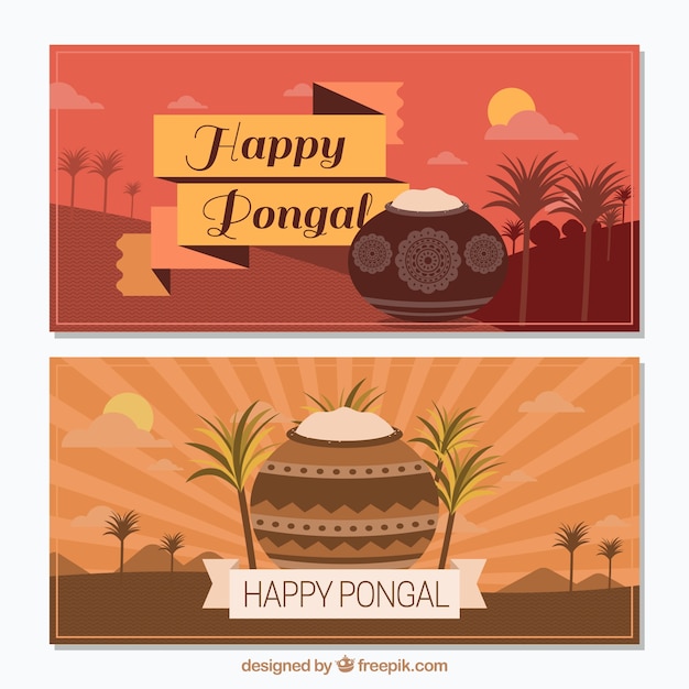 Free Vector great pongal banners with pots and rice