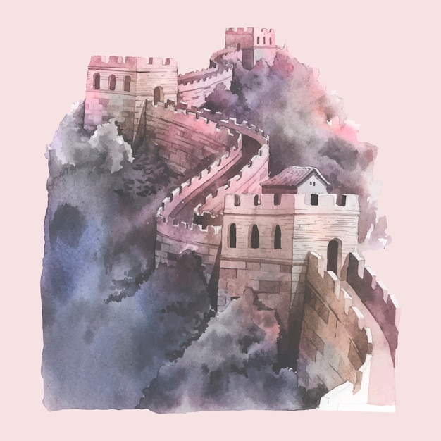 Free vector the great wall of china watercolor illustration