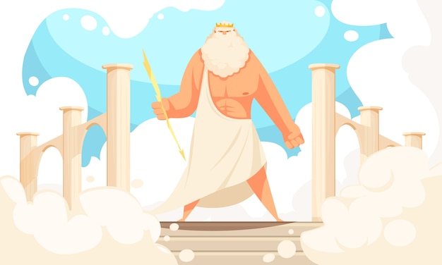 Greece ancient gods flat cartoon  of powerful mythological zeus prominent figure in pantheon  