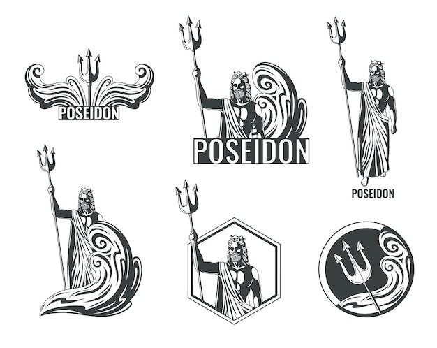 Free vector greek god flat black and white emblems set with poseidon and his trident isolated vector illustration