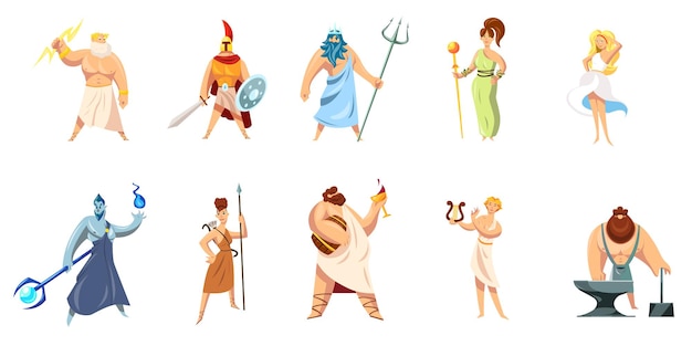 Greek mythology characters collection. Athena, Hephaestus, Ares, Poseidon, Zeus, Dionysus, Hephaestus, Aphrodite, Apollo.