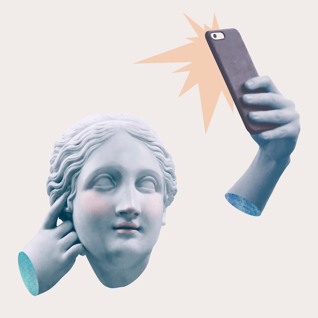 Free Vector greek selfie goddess statue social media addiction mixed media