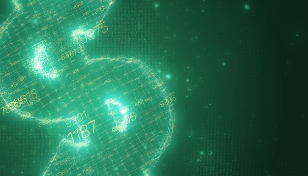 Green abstract 3D big data visualization with dollar symbol. Intricate financial data threads analysis. Business analytics representation. Futuristic infographics aesthetic design. Finance concept.