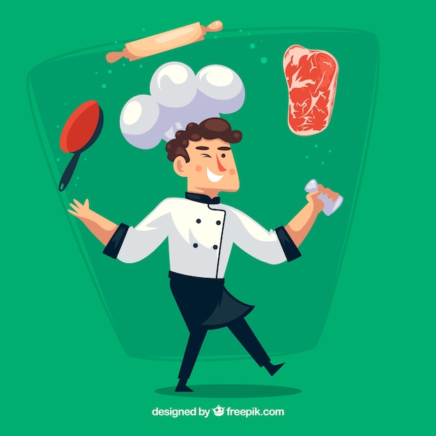 Green background of chef character with objects and ingredients