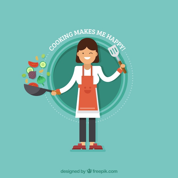 Green background of nice cook in flat design